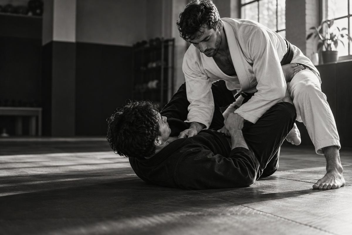 Illustrative photograph of adults practicing Brazilian jiu-jitsu